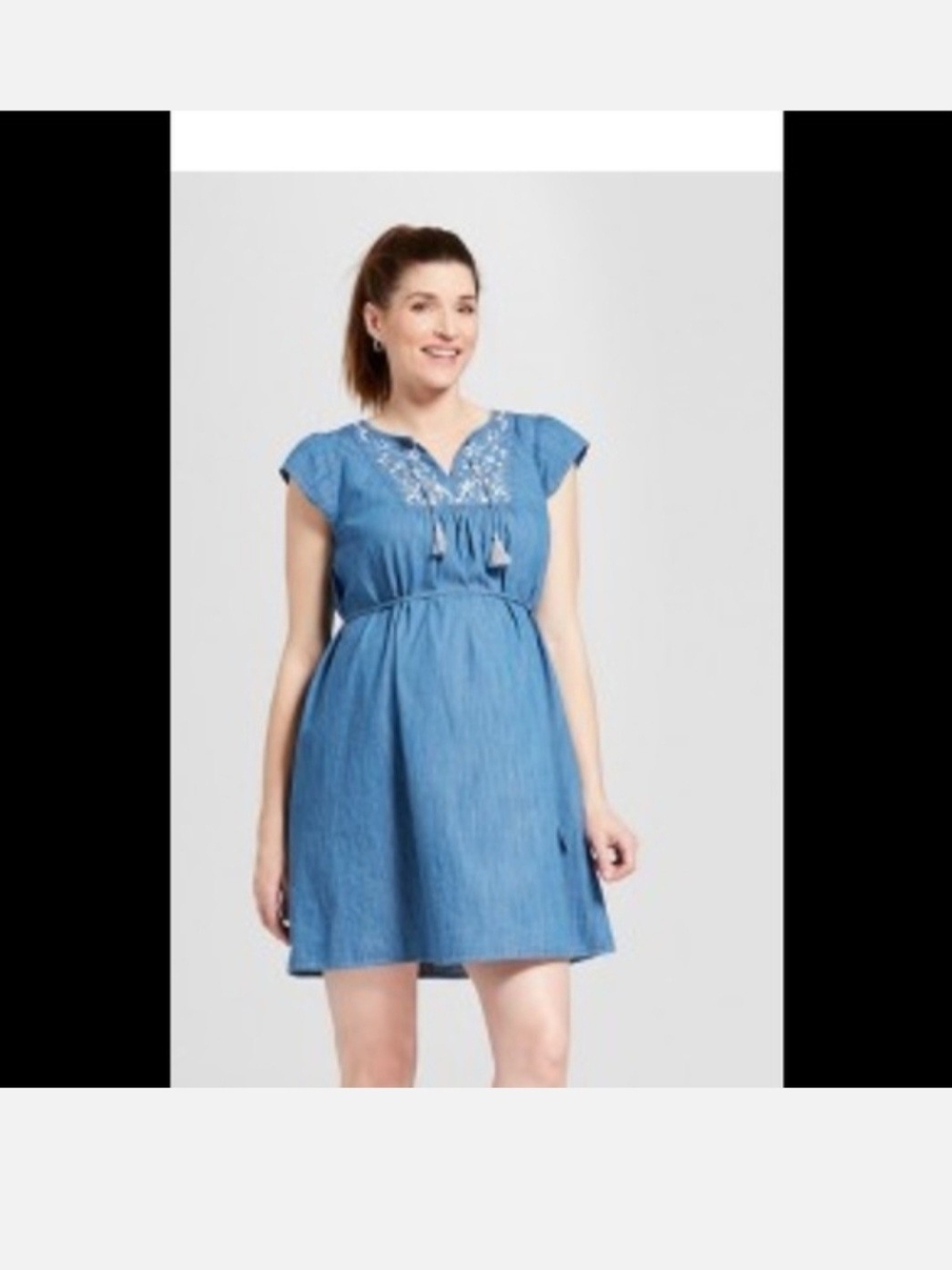 Blue Embroidered Tie-Front Casual Dress